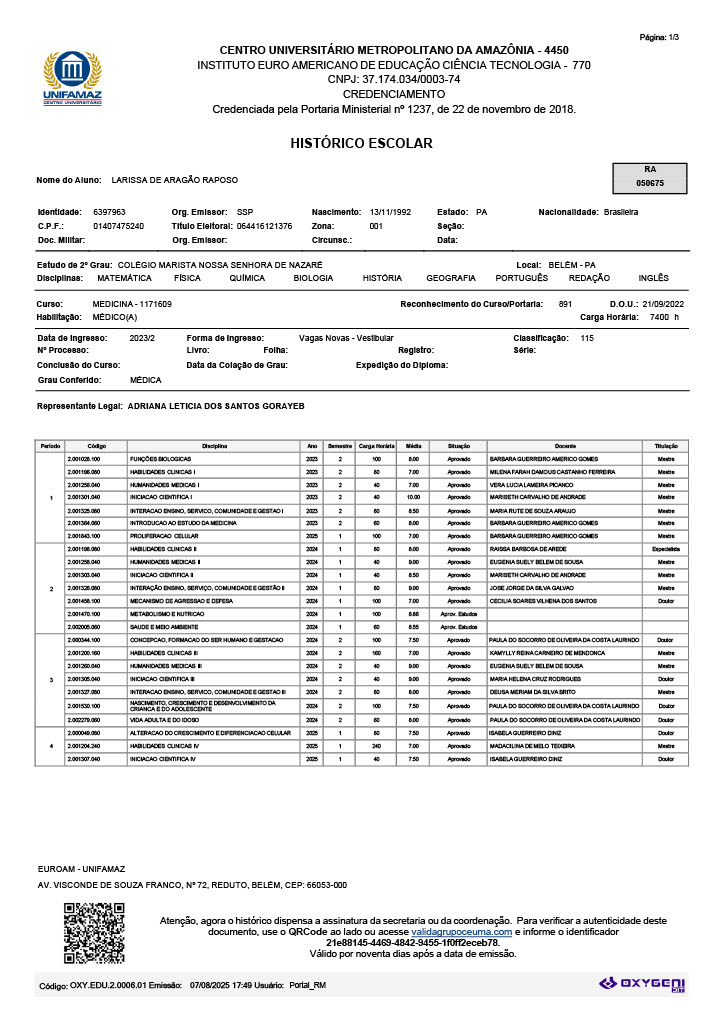 Página 1 do Histórico Escolar